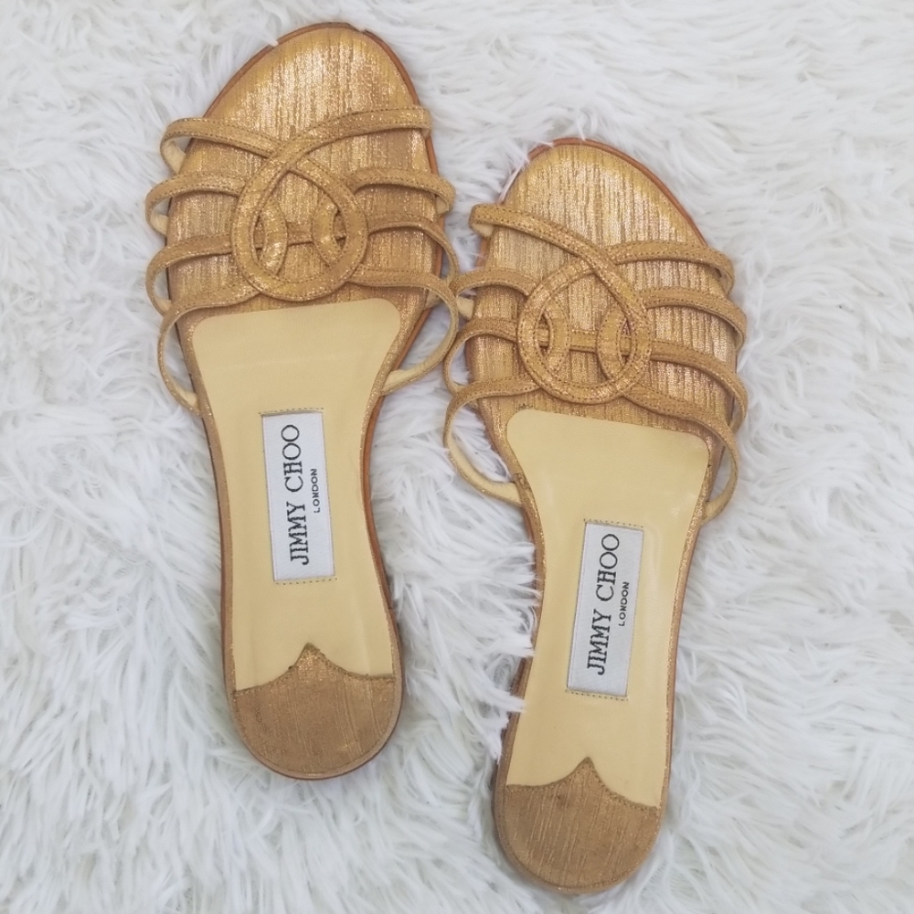 JIMMY CHOO London Gold Flat Leather Slide Mule San